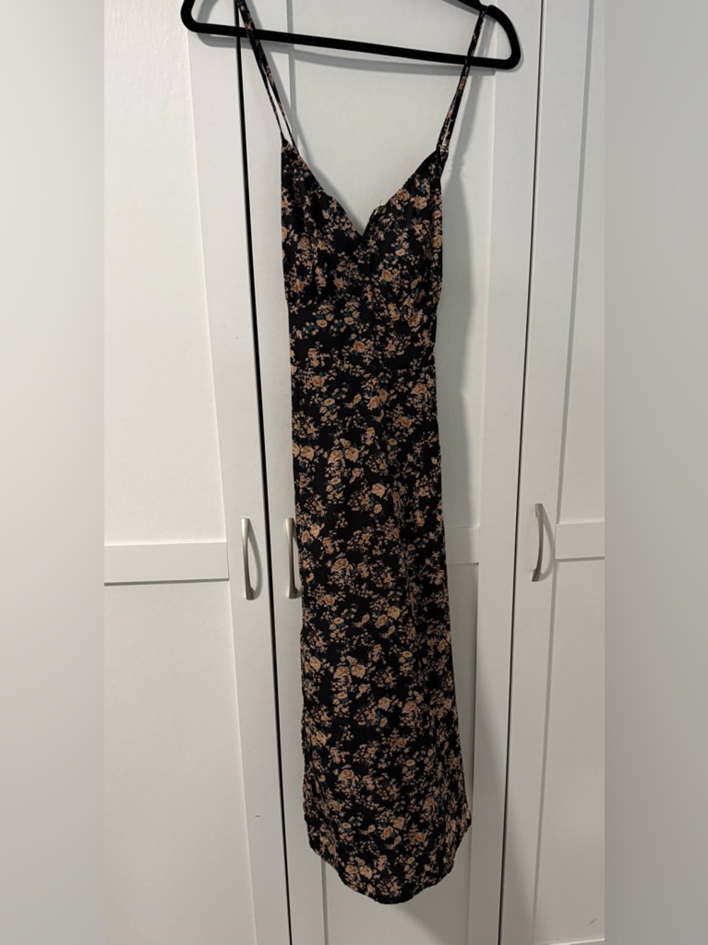 Black Maxi Slip Dress with Tan Rose Floral Print